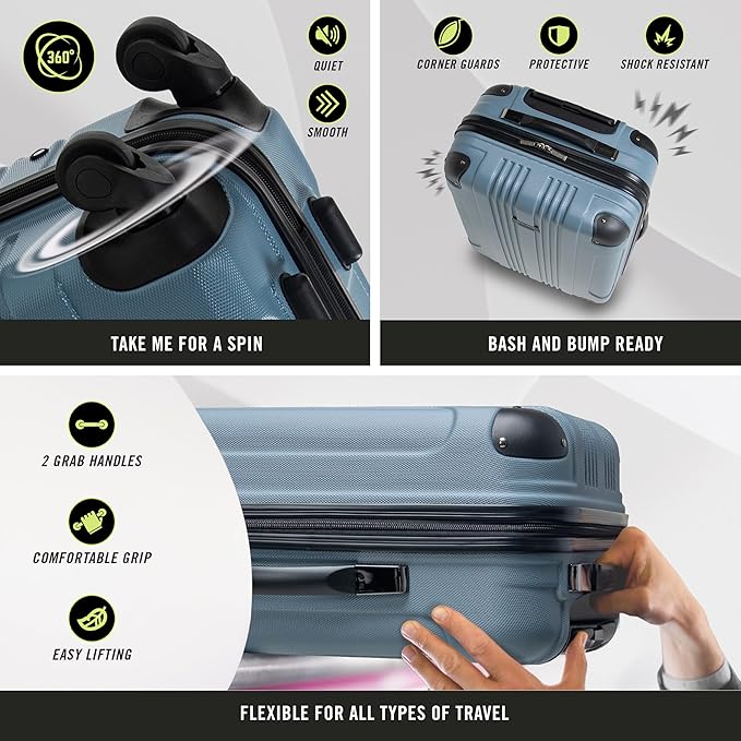 Kenneth Cole REACTION Out of Bounds Lightweight Hardshell 4-Wheel Spinner Luggage, Granite Blue, 20-Inch Carry On