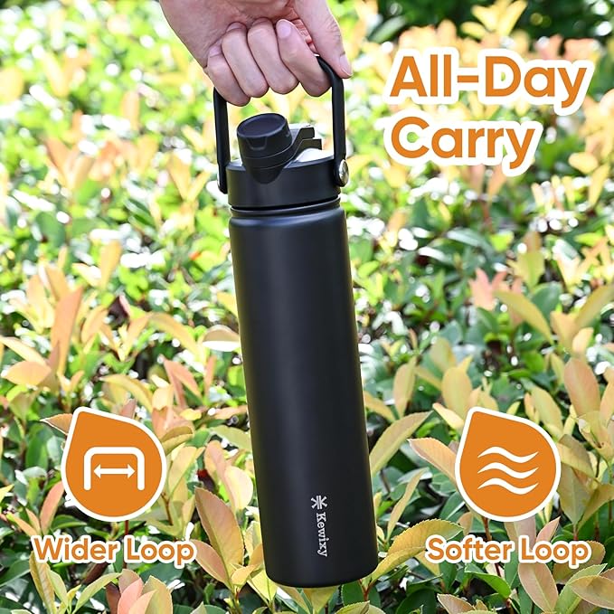 24 oz Insulated Water Bottle, 2-in-1 Lid, Straw & Spout with Protected, Leak Proof, Keep Cold, Stainless Steel, Metal, Reusable, Handle, for Travel, Gym and School, 2 Lids, Midnight Black