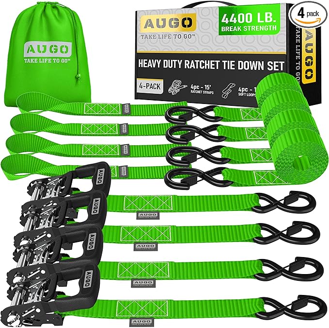 AUGO Heavy Duty Ratchet Straps & Soft Loops – Pack of 4 Extra Strong 1.5” by 15’ Ratchet Straps w/S-Hook Safety Latches & 4 Soft Loop Tie Downs – 4400Lb Break Strength for Motorcycles, ATVs, Etc.