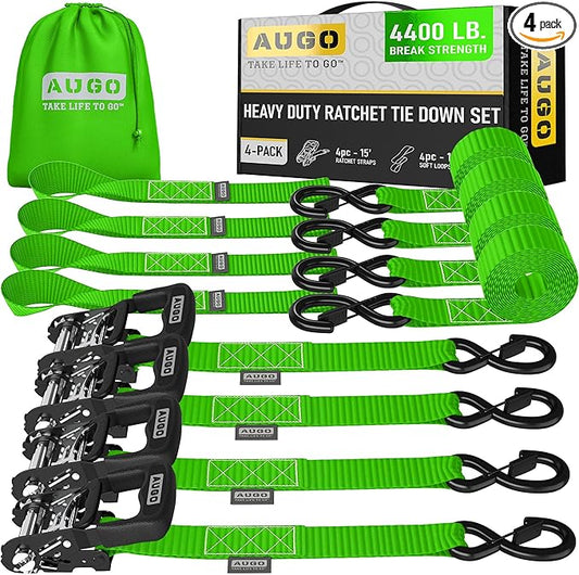 AUGO Heavy Duty Ratchet Straps & Soft Loops – Pack of 4 Extra Strong 1.5” by 15’ Ratchet Straps w/S-Hook Safety Latches & 4 Soft Loop Tie Downs – 4400Lb Break Strength for Motorcycles, ATVs, Etc.