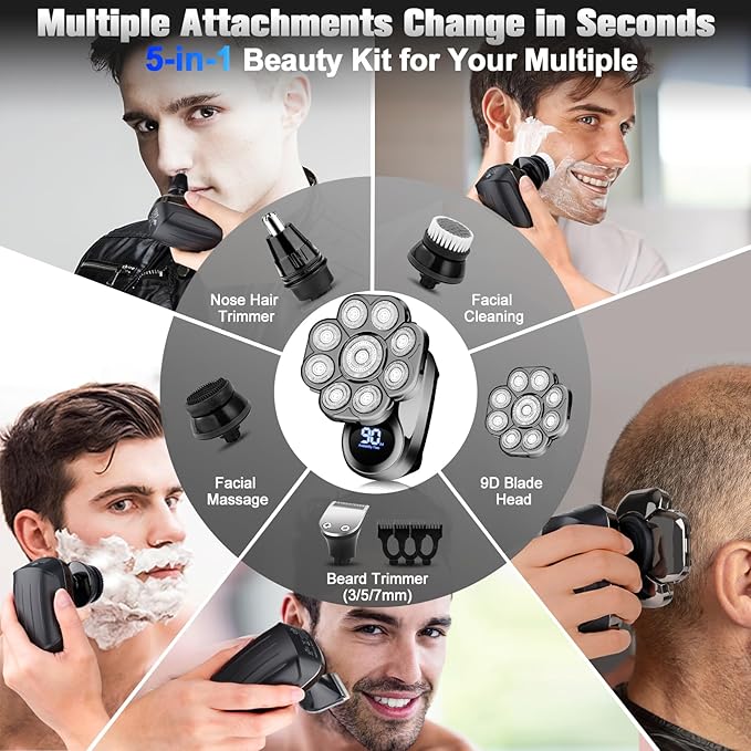 9D Electric Head Shavers for Bald Men, Upgraded 5-in-1 Waterproof Wet/Dry Grooming Kit Electric Shaver for Men, Cordless Rechargeable Bald Head Razor for Home&Travel