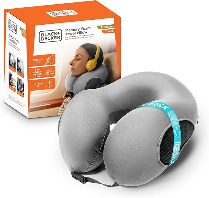 BLACK+DECKER Memory Foam Travel Neck Pillow Travel Pillow for Plane, Car & Train| Ice Silk Cooling Fabric, Ergonomic Design, Neck Support, Washable Cover,Grey