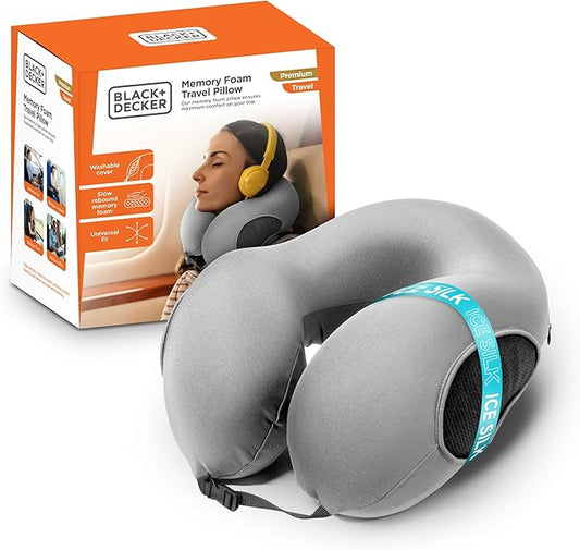 BLACK+DECKER Memory Foam Travel Neck Pillow Travel Pillow for Plane, Car & Train| Ice Silk Cooling Fabric, Ergonomic Design, Neck Support, Washable Cover,Grey