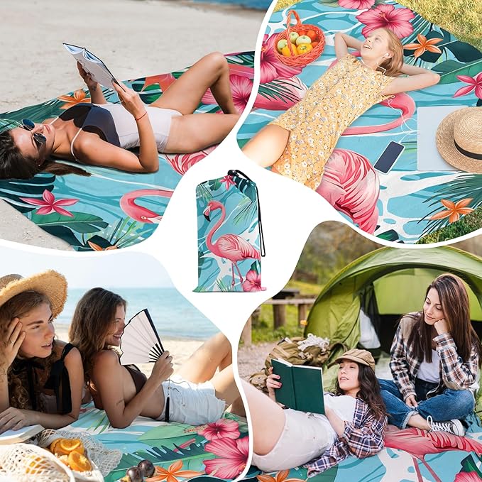 Beach Blanket Waterproof Sandproof, Flamingo Oversized Extra Large Picnic Mat 83"×95"/8 × 7 FT for 1-7 Adults for Travel Camping Hiking, Quick Drying Lightweight Outdoor Beach Vacation Essentials