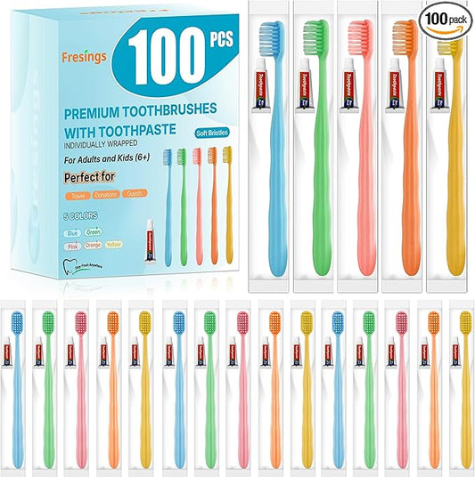 100 Pack Disposable Toothbrushes with Toothpaste, Individually Wrapped Soft Bristle Travel Toothbrush Bulk, Hotel Guest Amenities, Mint 3g Toothpaste Set for Camping, Donation & Oral Care Kit