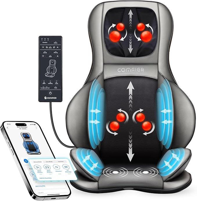 COMFIER Shiatsu Neck Back Massager with Heat and Compression,Adjustable Neck Rollers,App Control 2D or 3D Deep Tissue Kneading Massage Chair Pad, Chair Massager,Ideal Gifts for Dad, Mom
