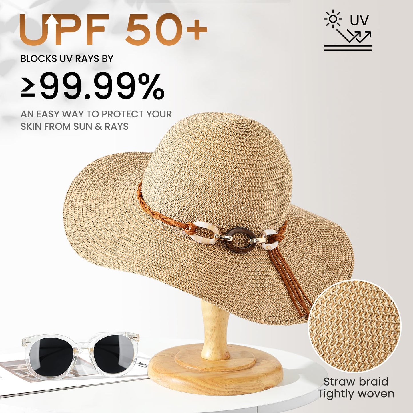 Beach Hats for Women - Sun Hat Womens, Wide Brim Straw Womens Sun Hat with Wind Lanyard Roll Up, Foldable Beach Hat UV Protection