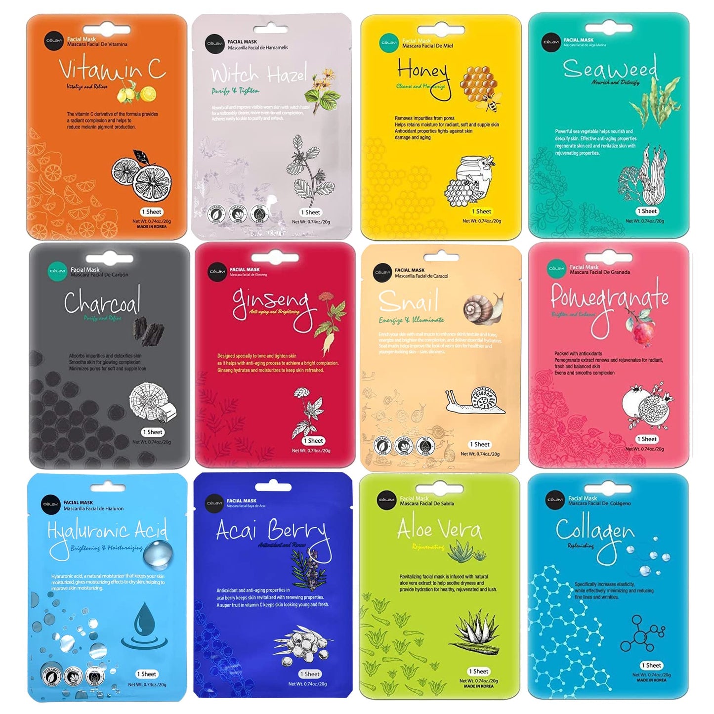 Celavi Essence Facial Face Mask K-Beauty Skincare Korea Skin Care Moisturizing 12 Pack C Set