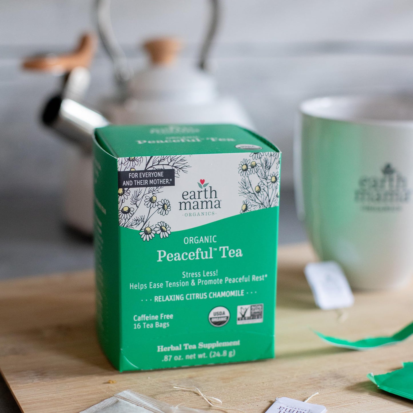 Earth Mama Organic Peaceful™ Tea | Stress Less! Calming, Relaxing Herbal Blend Safe for Pregnancy & Beyond, 16 Teabags Per Box