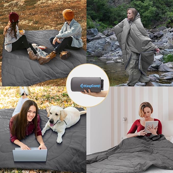 KingCamp Ultralight Camping Blanket Packable Down Alternative Puffy Wearable Blankets Weatherproof Warm Package Quilt with Snap Buttons & Corner Loops for Outdoor Travel Stadium (69" L x 53" W, Grey)