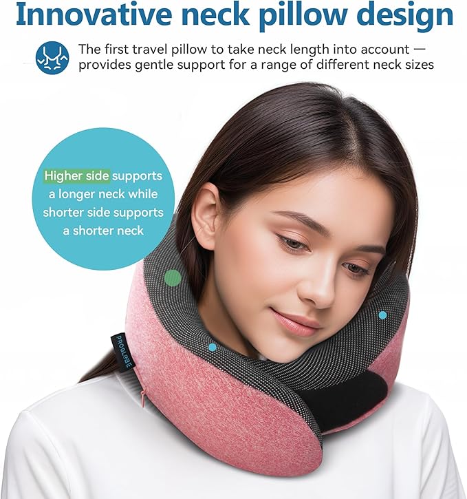 Pink Airplane Travel Pillow Set, 100% Pure Memory Foam Neck Pillow, Updated Material, Long Flight Travel Kit with 3D Contoured Eye Masks, Earplugs, and Luxury Bag