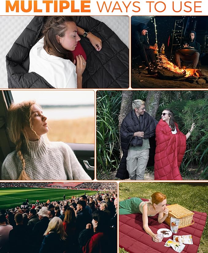 KingCamp Ultralight Camping Blanket, Packable Down Alternative Puffy Wearable Blankets Weatherproof Warm Package Quilt with Snap Buttons for Outdoor Hiking Travel Picnic Stadium (69"L x 53"W, CRIMSON)