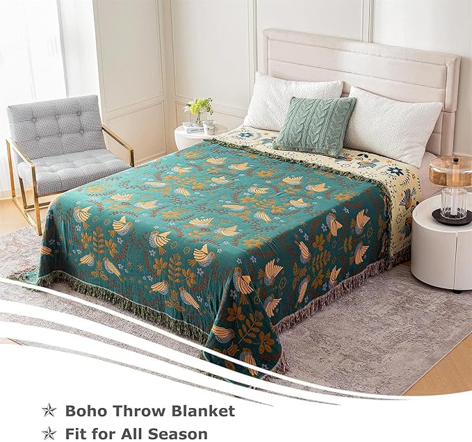 Boho Throw Blanket for Bed 100% Cotton Ultra Soft Rustic Quilt Queen Blanket Bird Floral Printed Farmhouse Decor Large Fall Bed Blankets,90"×98" All Season Rustic Throw for Sofa Couch Chair