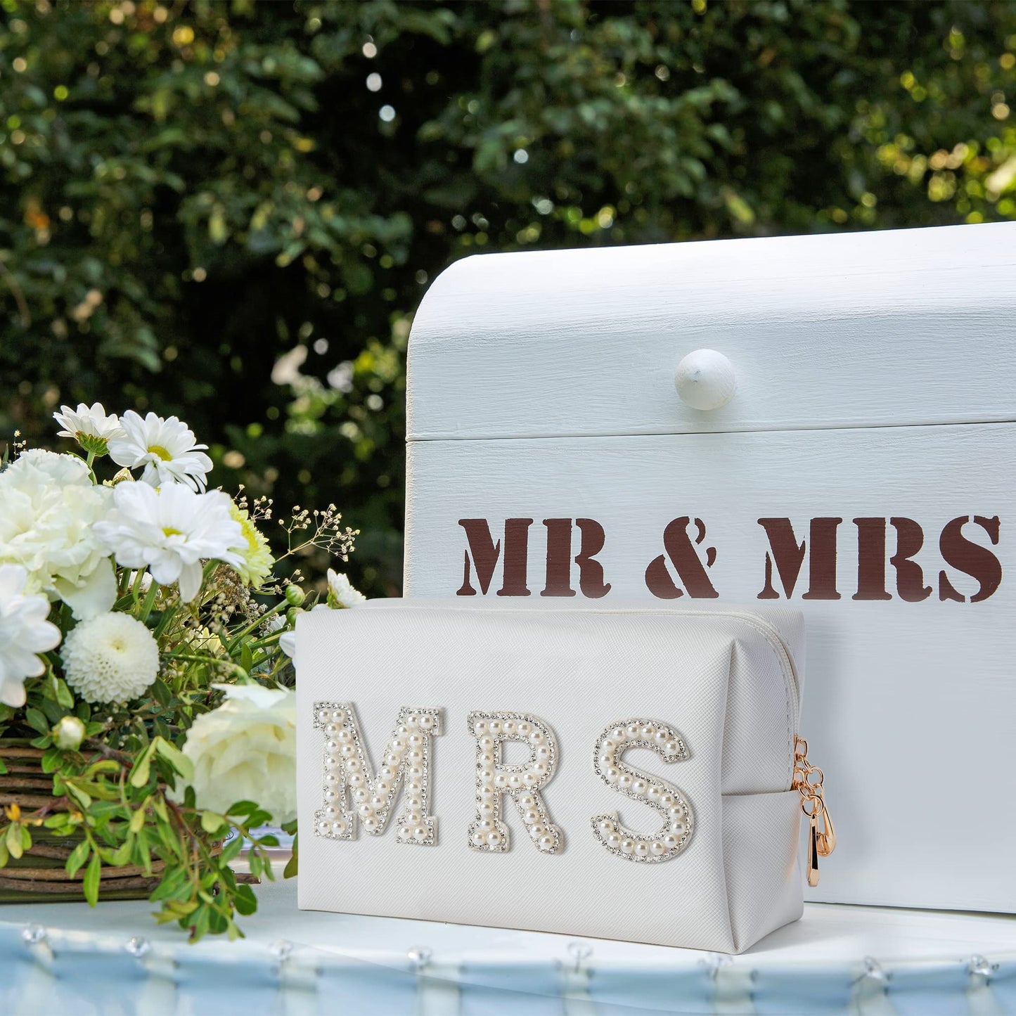 Y1tvei Bride Makeup Bag, Bridal Cosmetic Bag, Fiance Gifts for Women, Engagement Gift Basket for Her Bridal Shower, Mrs Bling Rhinestone Patches Wedding Purse, PU Leather Travel Toiletry Bag