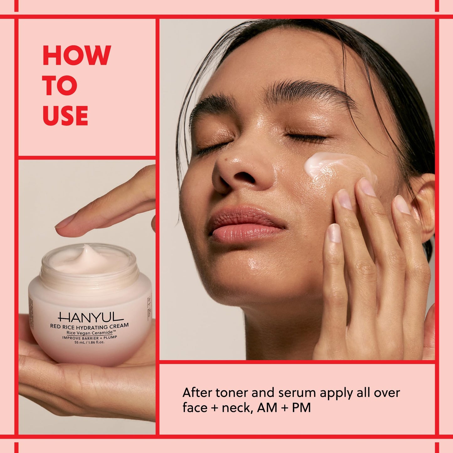 Hanyul Red Rice Hydrating Cream with Fermented Rice Extract, Collagen | Korean Vegan Ceramide Moisturizer for Deep Hydration, Radiant Skin Glow, Firming & Barrier Support, 1.86 fl. oz.