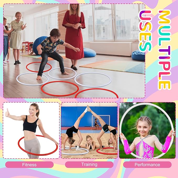 6 Pcs Exercise Hoop Detachable Fitness Rings Adjustable Plastic Toy Fitness Hoop Playground Toys Colored Circles for Teens Games Gymnastics Agility, 28 Inch(Red,White)