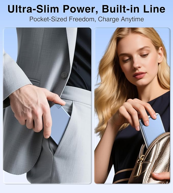 Auskang Portable Charger for iPhone with Built in Lightning Cable- 5000mAh Slim Power Bank Compatible with iPhone 14/13/12/11/X/8/7 Series (Not for iPhone 15 Series)- Thin Battery Pack for Travel