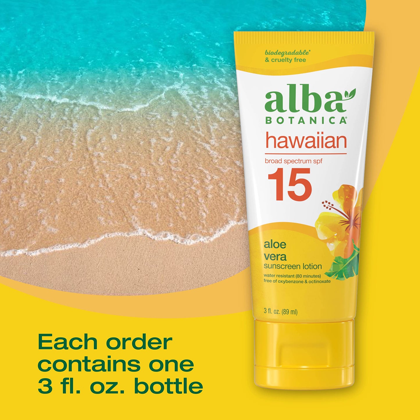 Alba Botanica Sunscreen for Face and Body, Hawaiian Aloe Vera Sunscreen Lotion, Broad Spectrum SPF 15, Water Resistant and Biodegradable, 3 fl. oz. Bottle