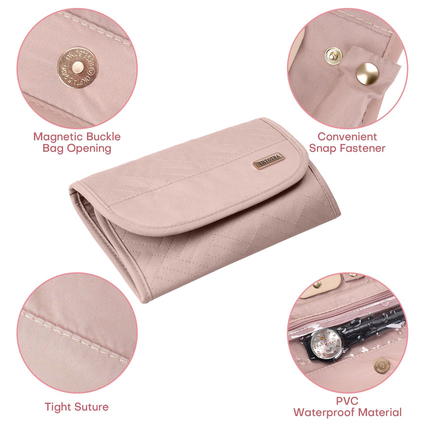 TBTOTRA Travel Jewelry Organizer Box, Foldable Travel Case for Earrings, Necklaces, Rings, Bracelets, Pink