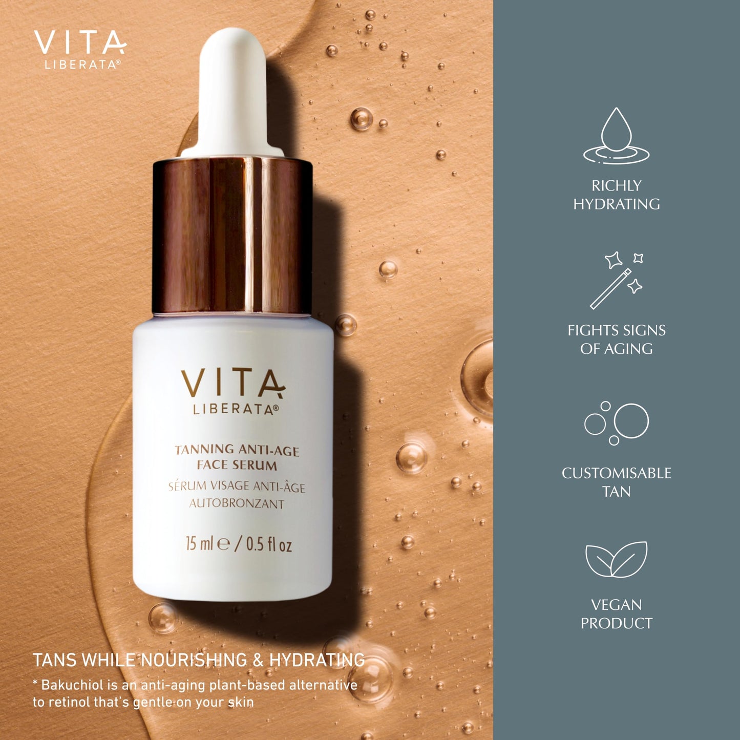 Vita Liberata Anti-Age Face Serum - Dual Action Serum, Deeply Nourishing & Hydrating, Customizable Tan, Formulated with Bakuchiol & Organic Botanicals, 30ml / 0.5 fl oz