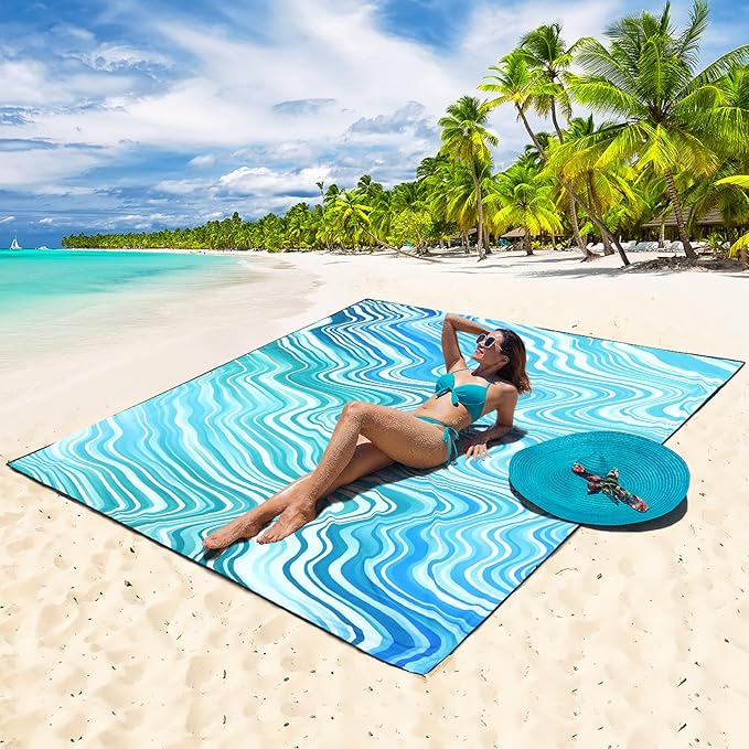 Beach Blanket Waterproof Sandproof Beach Mat 79" X 83"/10'x9'for 2-8 Adults Quick Drying Outdoor Picnic Mat Beach Accessories for Travel, Camping, Hiking
