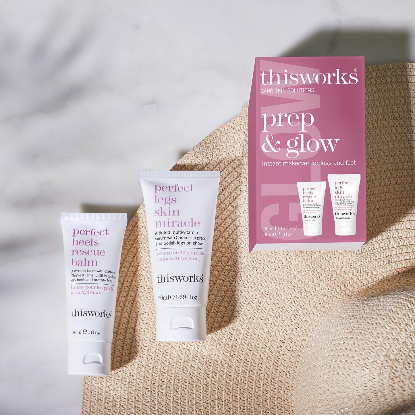 THISWORKS Prep and Glow Gift Set - Travel Size Kit with Perfect Legs Skin Miracle and Perfect Heels Rescue Balm Foot Cream - Nourishing & Hydrating Bodycare Duo