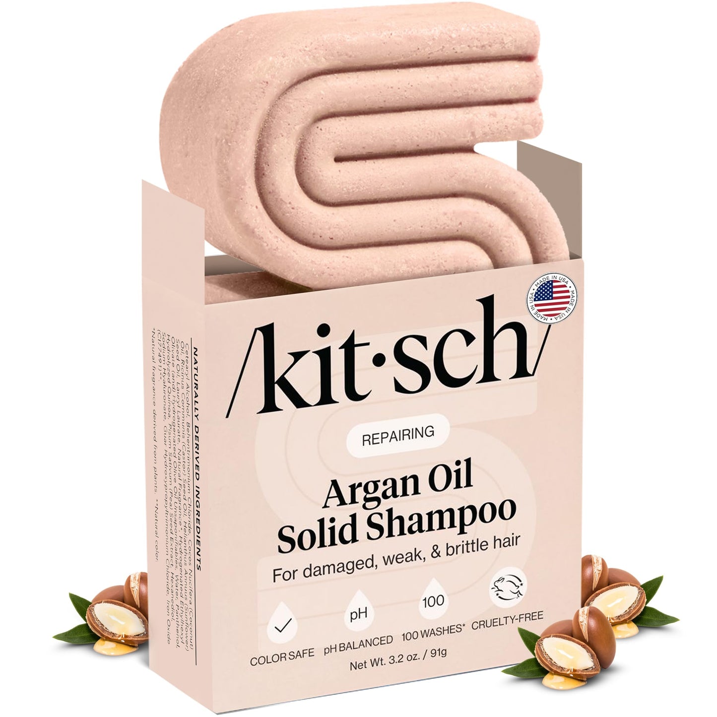 Kitsch Argan Oil Shampoo Bar - Repairing Solid Hair Shampoo for Women and Men - Strengthening, Moisturizing Hair Care - Silicone, Paraben & Sulfate Free, Vegan, Made in USA - 3.2 oz