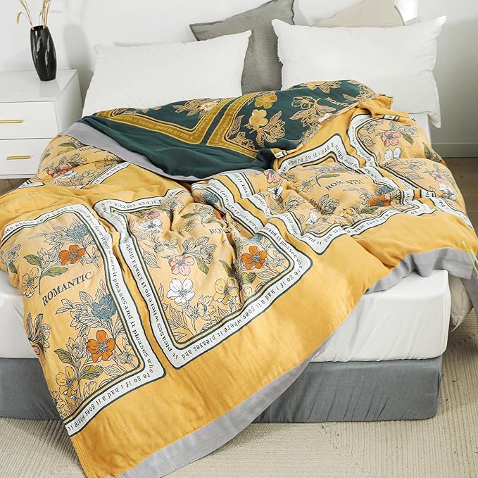 Boho Throw Blanket for Bed 100% Cotton Ultra Soft Rustic Quilt Fall Blanket Floral Printed Farmhouse Decor Bed Blankets,60"×80" All Season Rustic Throw for Sofa Couch Chair