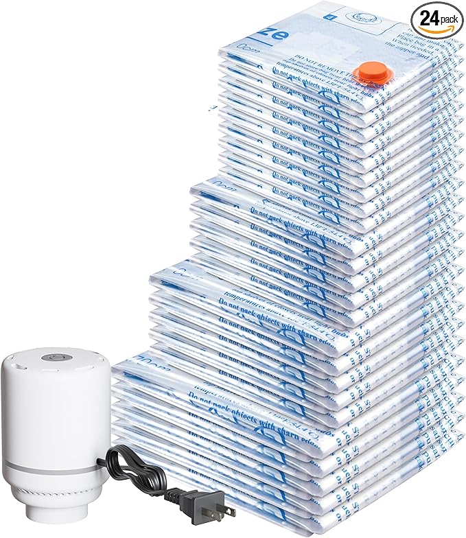 Vacuum Storage Bags with Electric Air Pump 24 Combo (5 Jumbo/5 Large/5 Medium/5 Small/4 Roll), Plastic Packaging Bags,Space Saver Sealer Bags for Clothes, Pillows, Comforters, Blankets, Bedding