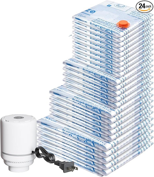 Vacuum Storage Bags with Electric Air Pump 24 Combo (5 Jumbo/5 Large/5 Medium/5 Small/4 Roll), Plastic Packaging Bags,Space Saver Sealer Bags for Clothes, Pillows, Comforters, Blankets, Bedding