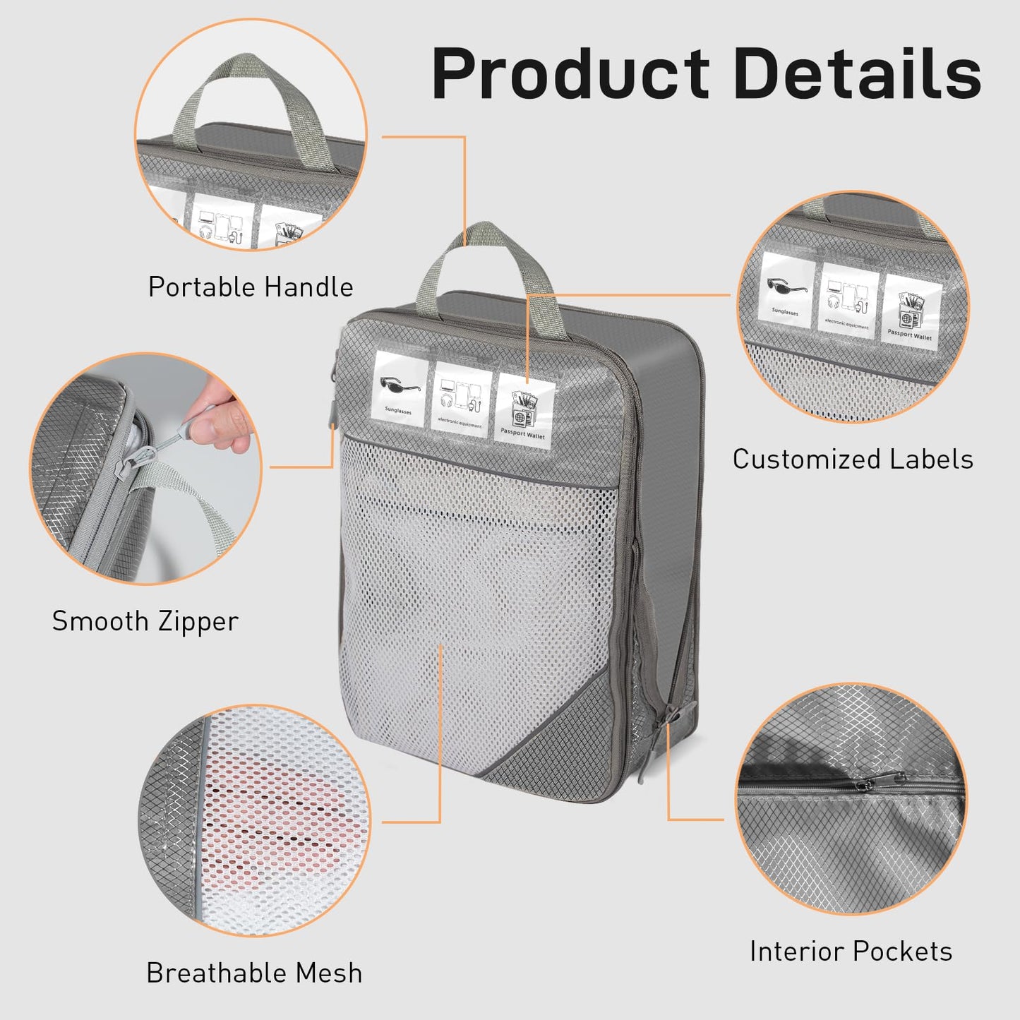 Compression Packing Cubes for Travel 6 Set Expandable Packing Organizers Durable Luggage Bags Organizers for Suitcases Travel Accessories (Gray)