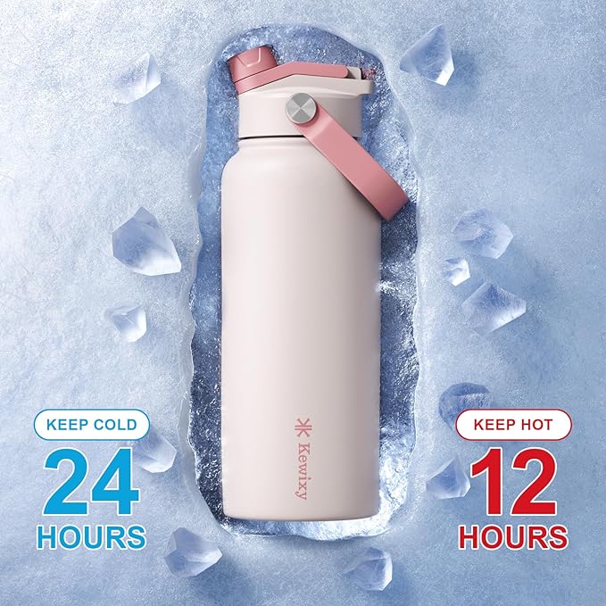 32 oz Insulated Water Bottle, 2-in-1 Lid, Straw & Spout with Protected, Leak Proof, Keep Cold, Stainless Steel, Metal, Reusable, Handle, for Outdoor, Gym and School, 2 Lids, Pale Pink