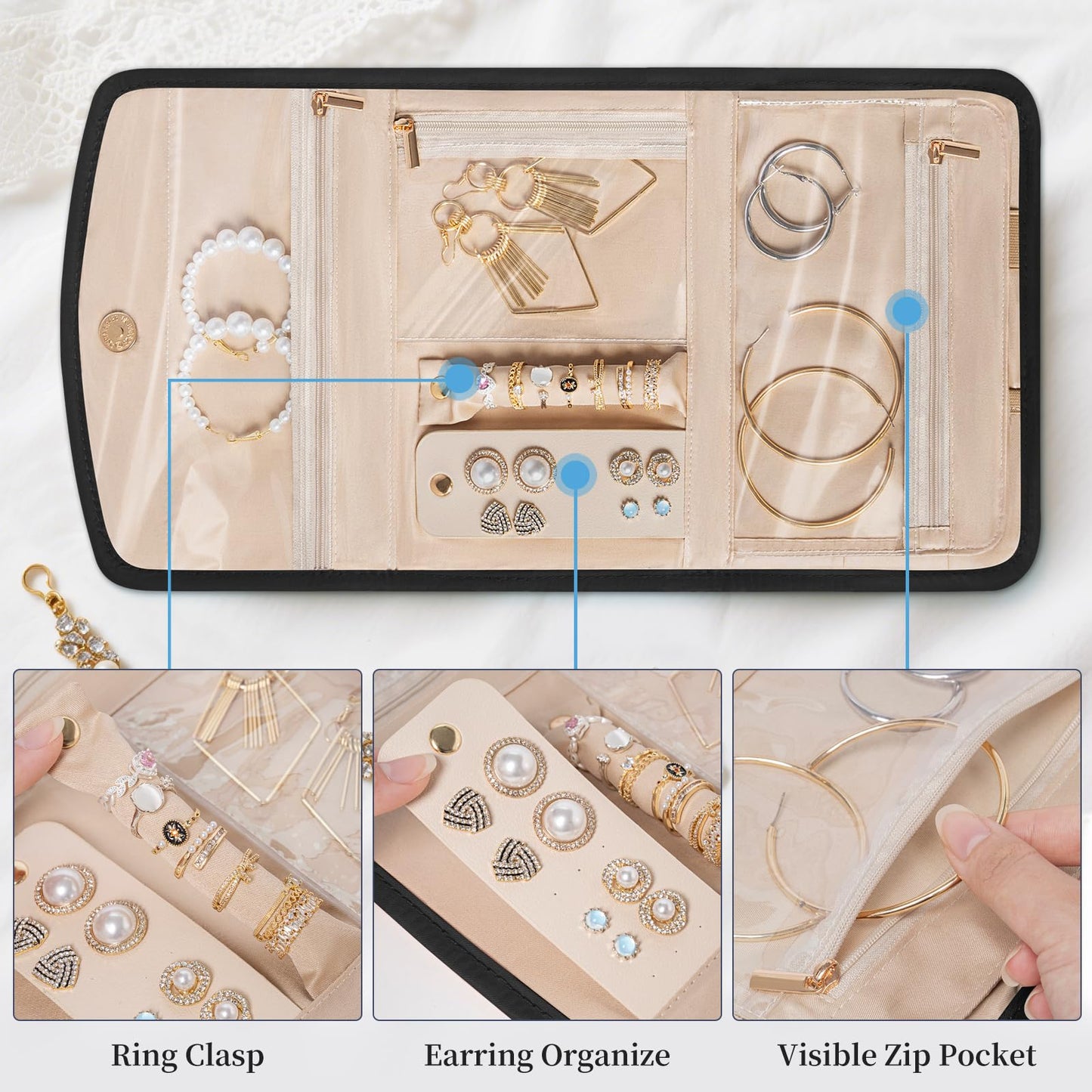 LASUK Travel Jewelry Holder Organizer Case, Foldable Jewelry Roll Storage Bag for Necklaces Rings Earrings Bracelets, Large, Black