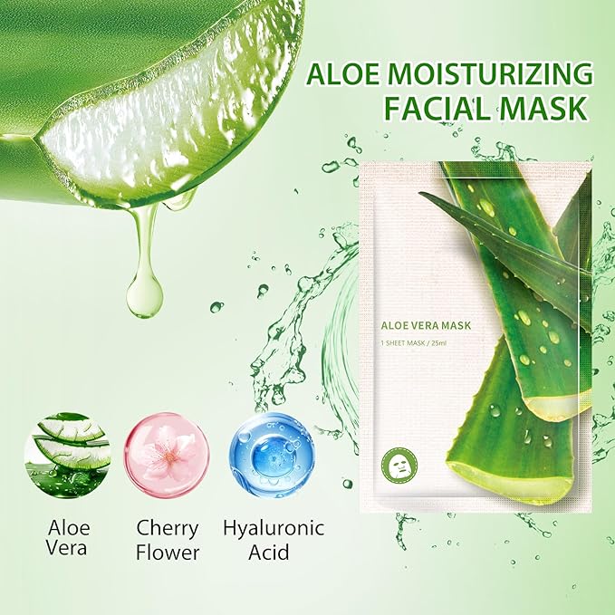 Aloe Facial Mask for Women,Hydrating Face Mask Sheet Home SPA,Moisturizing Face Sheet Mask for Dry,Oily,Sensitive Skin 25ml（5Pack）