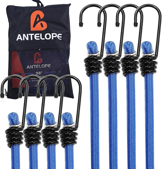 A ANTELOPE 36" Bungee Cords with Hooks, Pack of 8 Premium Heavy Duty Rubber with Strong Elastic Cords for Outdoor Tent, Luggage Rack, Camping, Cargo, RV, Bicycle, Transportation (Blue)