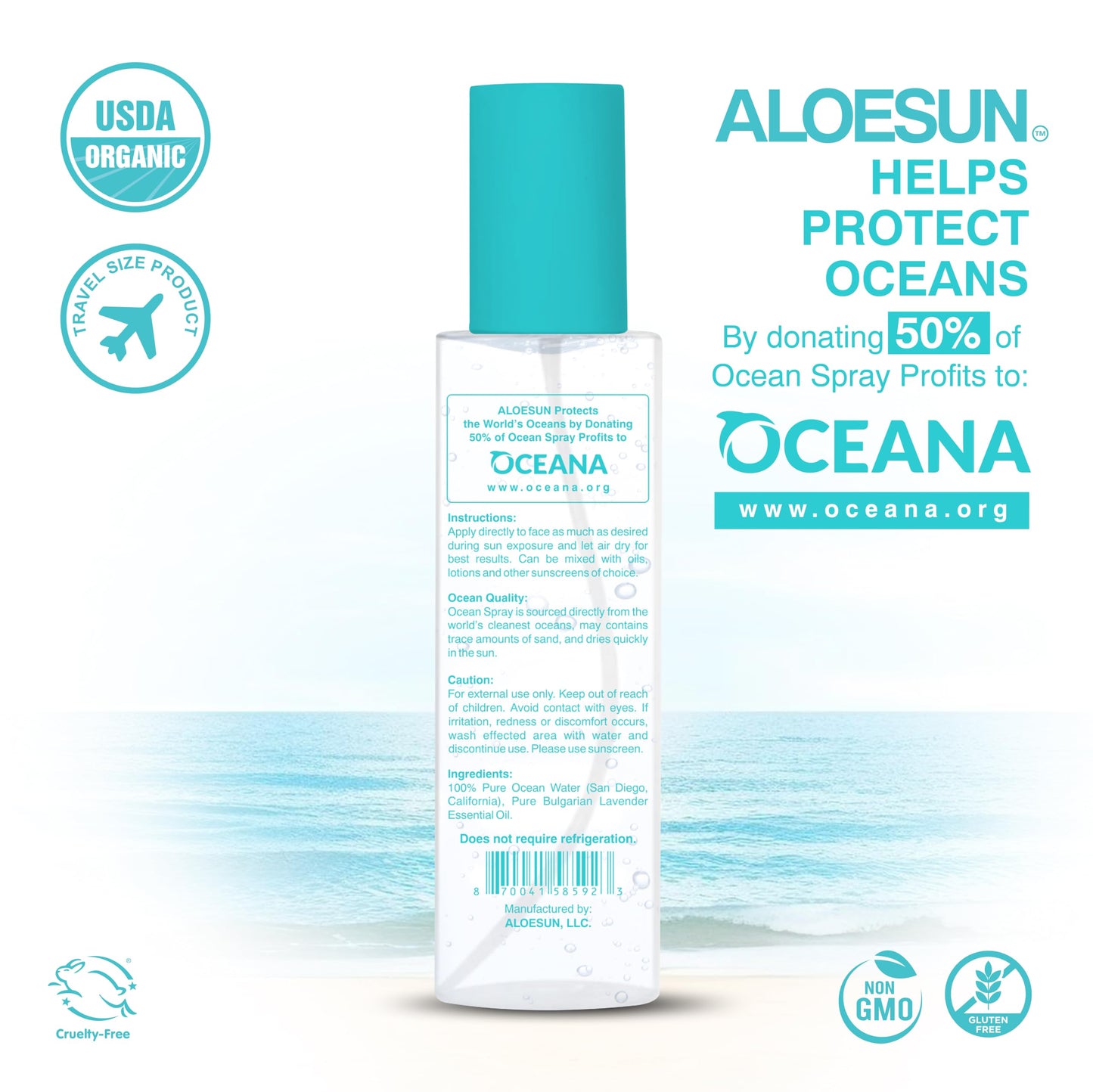 ALOESUN Ocean Spray | Pure California Sea Salt Water Face Mist Infused with Organic Lavender Essential Oil for Tanning | Hair & Scalp Exfoliating Solution | Facial Moisturizer | Travel Size 3.4 Fl Oz