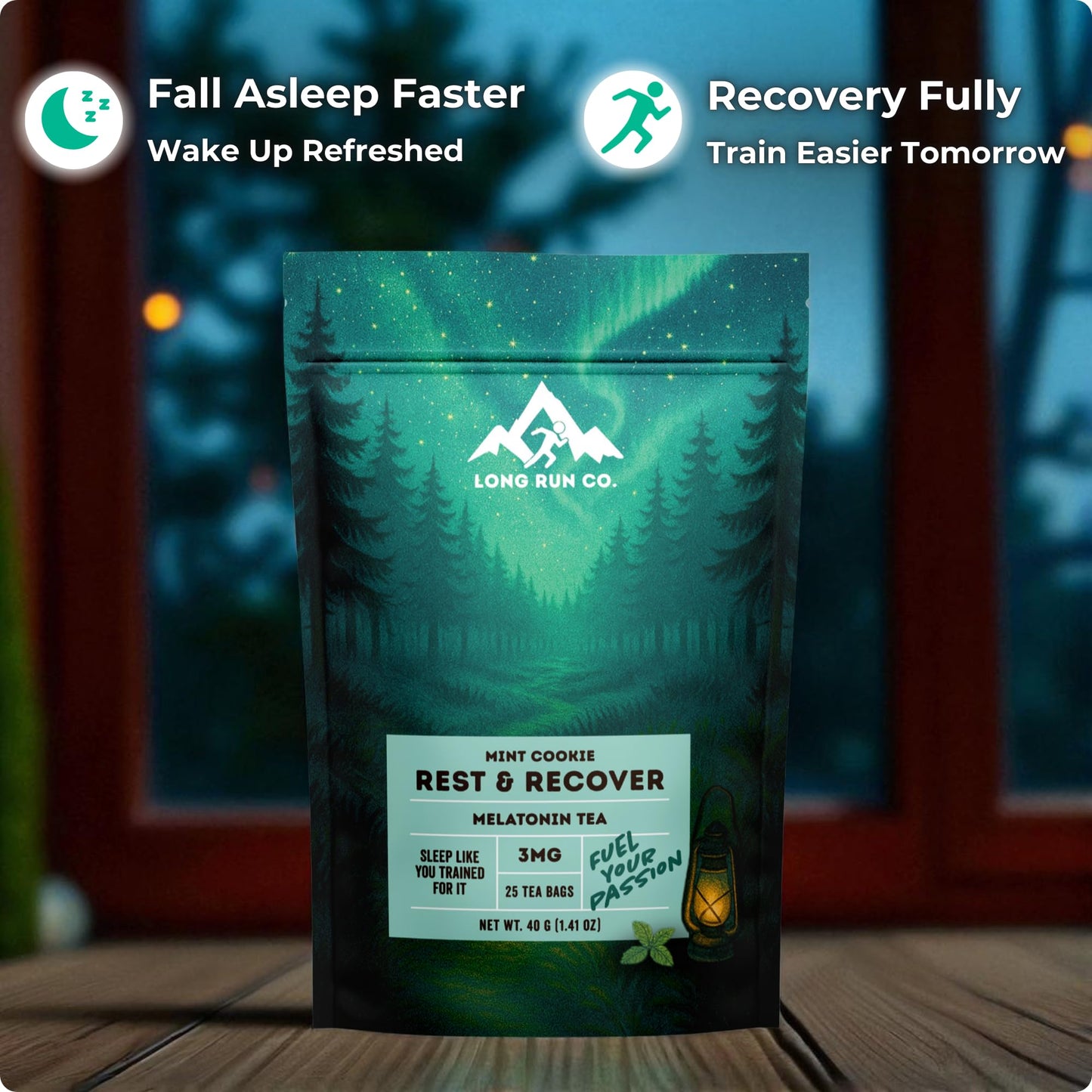 Rest &  Recover Sleep Tea by Long Run Co. – Caffeine‑Free Herbal Tea with Melatonin (25 Tea Bags) – All Natural, Better Sleep & Recovery, Wake Up Refreshed [3mg Melatonin, Mint Cookie]