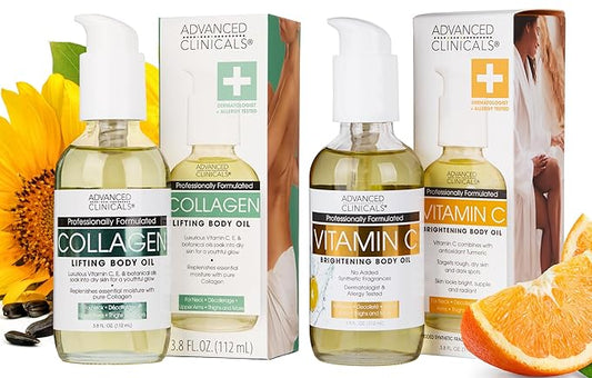 Advanced Clinicals Collagen Body Oil + Vitamin C Brightening Body Oil Moisturizer 2pc Skincare Set - Nourishing, Brightening, & Firming Massage Oil To Improve Look Of Crepe Skin + Dark Spots, 2PC Set