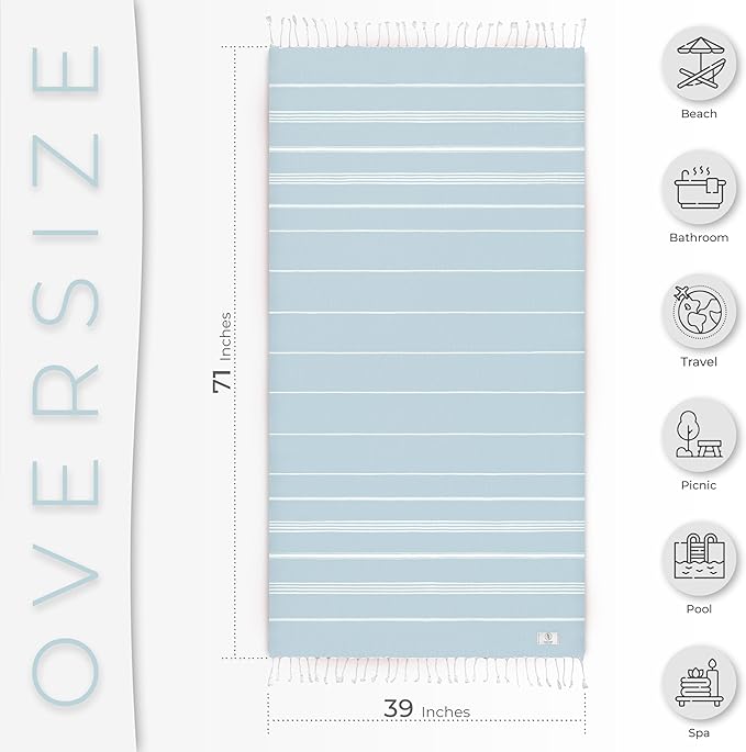Aqua Blue Turkish Beach Towels - Absorbent & Lightweight, Extra Large (39" x 71"), Quick Dry, Versatile and Functional, Perfect as Turkish Bath Towel, Yoga Mat, Pool Towel, or Travel Blanket