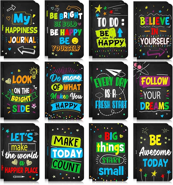 Cinrobiye 24 Pcs Mini Colorful Notebooks, Funny Motivational Journals Notepads Inspirational Notepads Small Pocket Notebook for Kids Teacher School Office Gift Bulk Prizes Travel Supplies (Black)