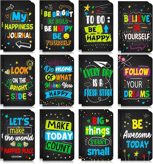 Cinrobiye 24 Pcs Mini Colorful Notebooks, Funny Motivational Journals Notepads Inspirational Notepads Small Pocket Notebook for Kids Teacher School Office Gift Bulk Prizes Travel Supplies (Black)