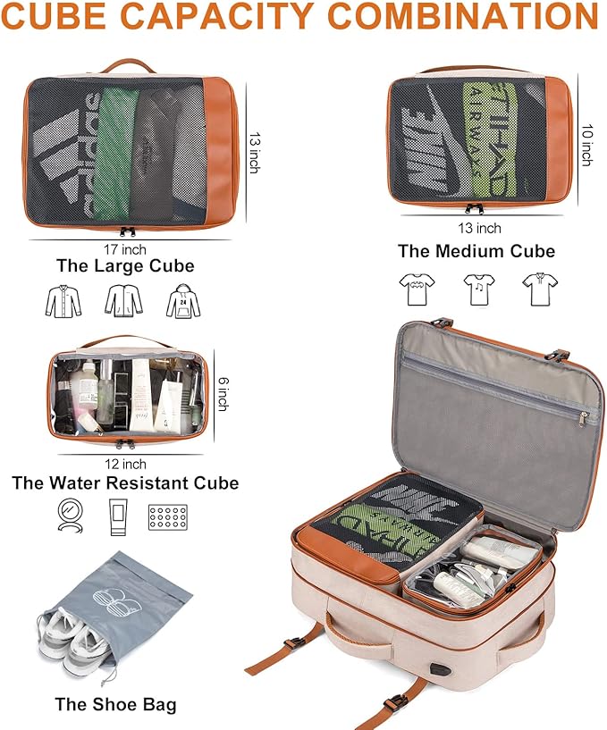 Carry on Travel Backpacks, Extra Large 40L Flight Approved Bag for Men & Women,Expandable Suitcase Backpack With 4 Packing Cubes,Water Resistant Luggage Daypack Business Weekender Bag,Beige