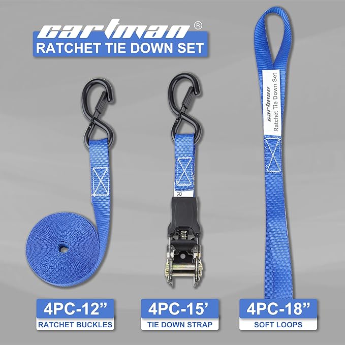 Cartman Ratchet Tie Down Straps 4PK 2,000lb Max Break Strength with Premium 1" x 15' Rachet Tie Downs with Padded Handles, 4PK 1" x 18" Soft Loop for Moving, Securing Cargo