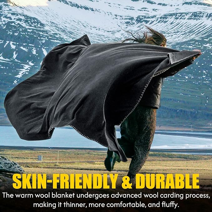100% Wool Blanket, 48" x 62", Warm, Thick, Washable, Military Wool Blanket, Great for Camping, Outdoors, Sporting Events, Survival Kits