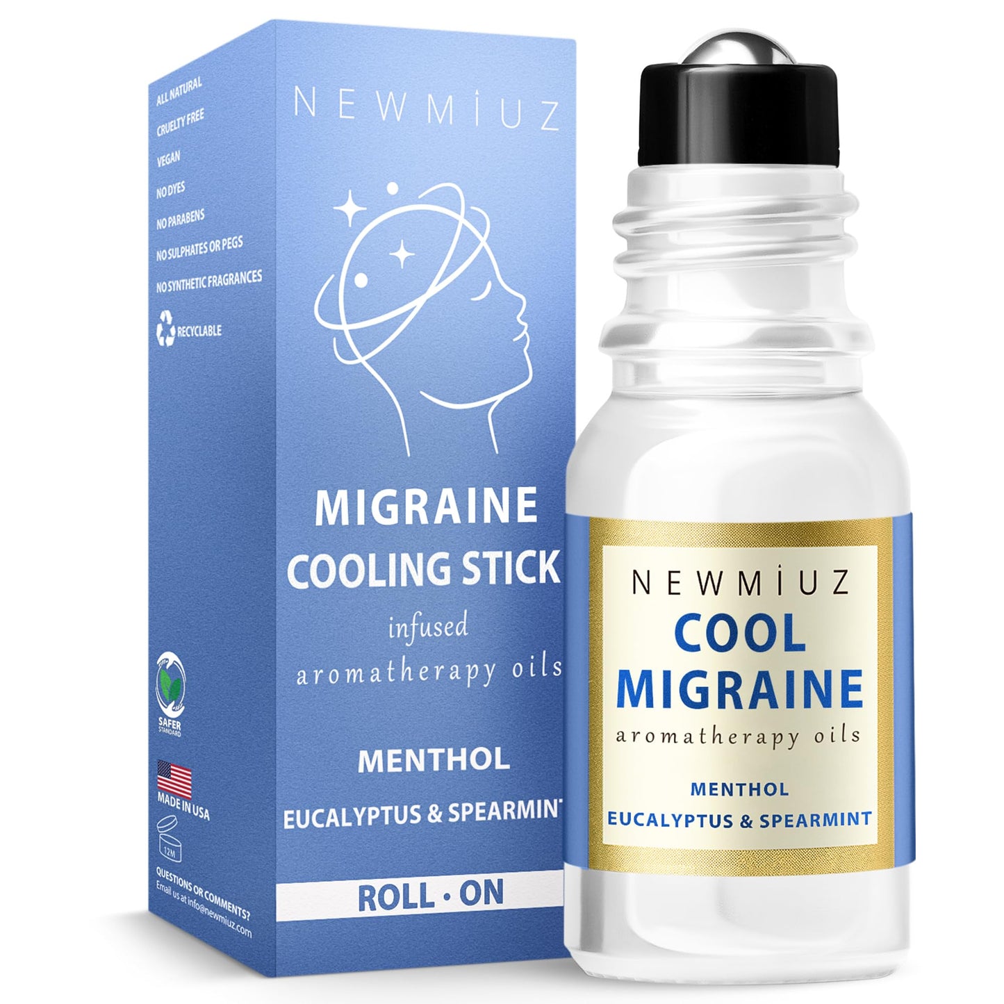 Cool Menthol Migraine Roll on Stick Natural Fast Cooling Peppermint Eucalyptus Aromatherapy Essential Oil for Headache Perfect Selfcare Gift Men Women