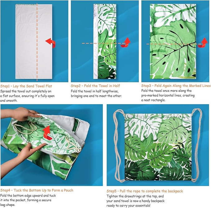 2 in 1 Packable Towel Bag - Summer Tropical Beach Blanket Backpack Green Travel Picnic Towel for Family Holiday Camping