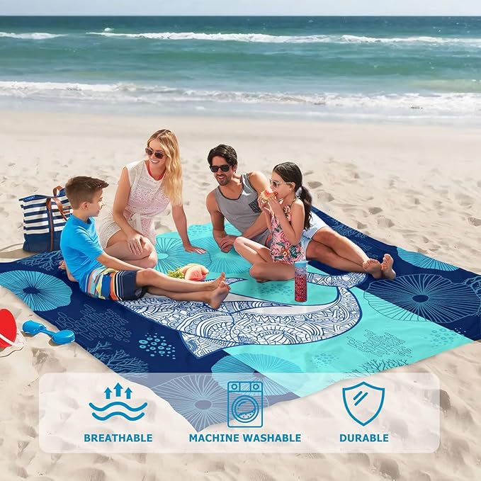 Beach Blanket Waterproof Sandproof, Shark Oversized Extra Large Picnic Mat 83"×95"/8 × 7 FT for 1-7 Adults for Travel Camping Hiking, Quick Drying Lightweight Beach Vacation Essentials