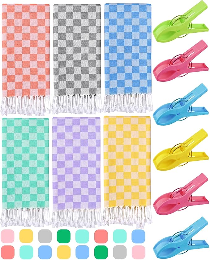 6 Packs Turkish Beach Towel Blanket Set Pool Bath Towels Bulk Multipack Travel Sand Free Quick Dry Extra Large Oversized Cute Big Cotton Soft Lightweight Compact Checkered Proof Cloud Men Women Adult