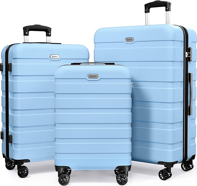 AnyZip Luggage Sets 3 Piece Hardshell Suitcase Set PC ABS Lightweight Travel Suitcases with 4 Double Spinner Wheels TSA Lock 20 24 28 Inch Light Blue