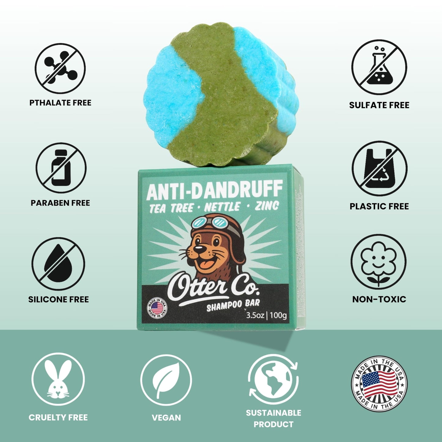 Otter co. Anti Dandruff Tea Tree Shampoo Bar – Nettle, Zinc, Green Tea, Apple Cider Vinegar, Anti Fungal Shampoo – Vegan, Natural, Cruelty & Sulfate Free – All Hair Types & Dry Scalp, USA Made